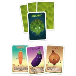 Détail des cartes du jeu, avec des illustrations humoristiques de légumes en action