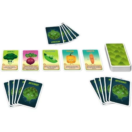 Cartes colorées du jeu La Fin des Artichauts, représentant différents légumes comme des carottes, poivrons et artichauts