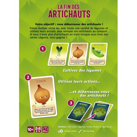 Cartes colorées du jeu La Fin des Artichauts, représentant différents légumes comme des carottes, poivrons et artichauts