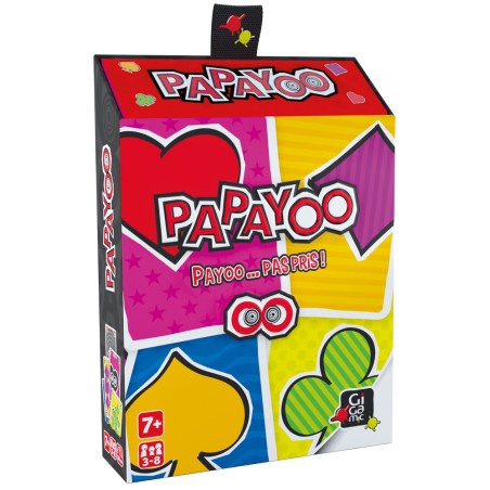 Boîte du jeu de cartes Papayoo, colorée et illustrée, aux couleurs vives.