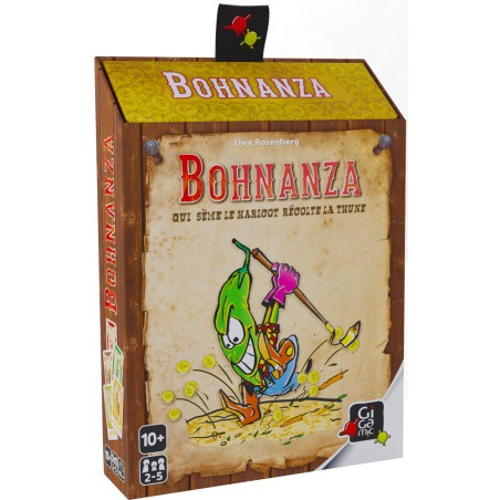 Boîte de Bohnanza, le célèbre jeu de cartes sur les plantations de haricots, avec une illustration colorée et humoristique