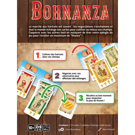 Dos de la boîte de Bohnanza présentant les règles du jeu, le contenu de la boîte et des exemples de cartes