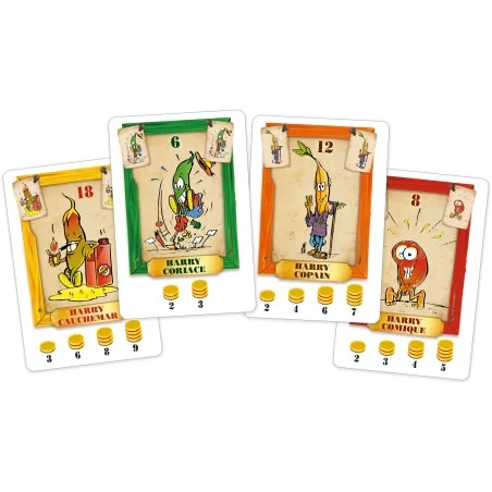 Cartes de Bohnanza représentant différents types de haricots comme Harry Caychemar, Harry Coriace ou  Harry Comique