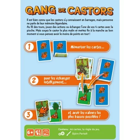 Dos de la boîte du jeu Gang de Castors, présentant les règles simples, le contenu et un aperçu des cartes illustrées