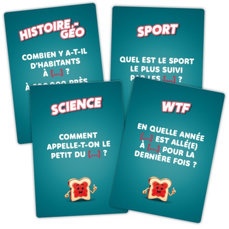 Cartes questions à trous de Nitro Nitro, avec des thèmes variés comme Histoire-Géo, Science et WTF.