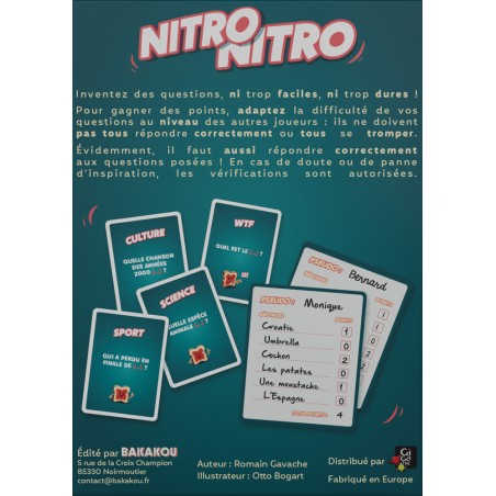 Dos de la boîte de Nitro Nitro, présentant le contenu du jeu, ses mécaniques et les différentes thématiques abordées