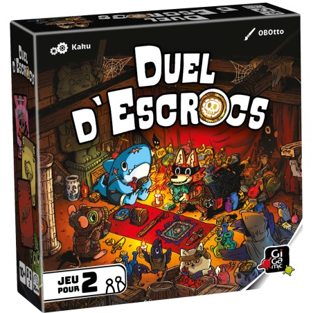 Boîte du jeu Duel d’Escroc, un jeu de bluff et de stratégie pour deux joueurs, avec un design unique