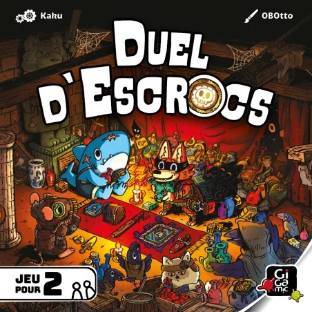 Boîte de Duel d’Escroc vue de face, avec une illustration mettant en scène des brigands partageant un trésor