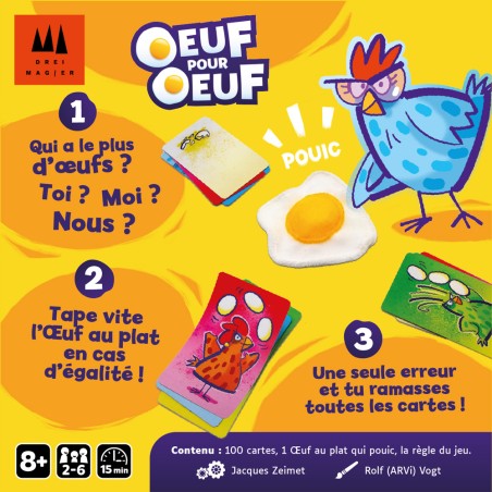 Dos de la boîte de Œuf pour Œuf, présentant les règles du jeu, le contenu et des exemples de cartes