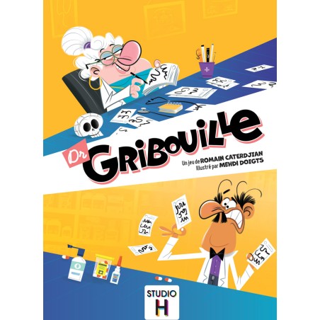 Boîte du jeu Dr Gribouille, avec une illustration humoristique représentant Dr Gribouille et un pharmacien débordé