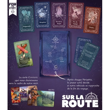 Gros plan sur les cartes de For The Story : Sur La Route, montrant des instructions et des illustrations de voyage.