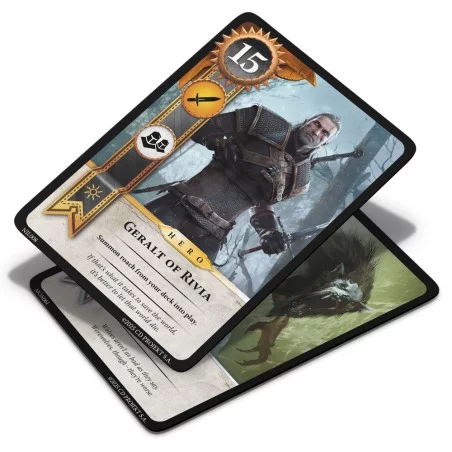 Vue rapprochée des cartes GWENT, mettant en avant les illustrations détaillées de Geralt.