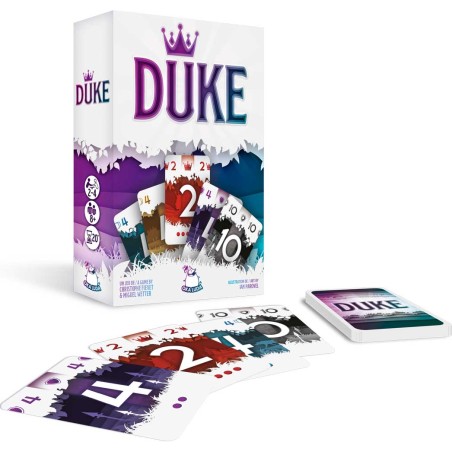 Boîte de DUKE accompagnée de cartes illustrées, montrant le matériel de ce jeu stratégique et immersif