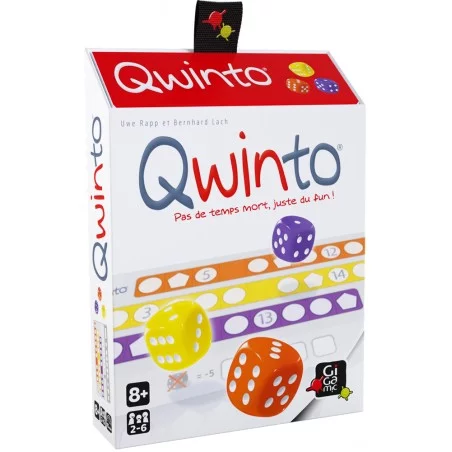 Boîte du jeu de société QWINTO, un jeu de dés stratégique et rapide.