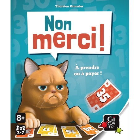 Face avant de la boîte de Non Merci !, mettant en avant son design minimaliste et coloré.