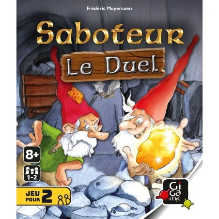 Face avant de la boîte de Saboteur : Le Duel, illustrant l’univers souterrain du jeu.